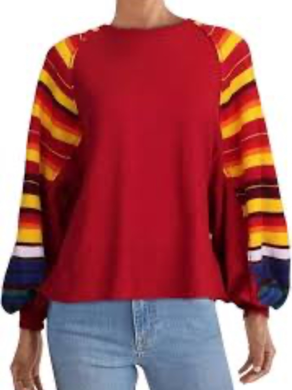 We The Free Rainbow Dreams Striped Textured Knit Sweater XS Ballon Sleeve Red
